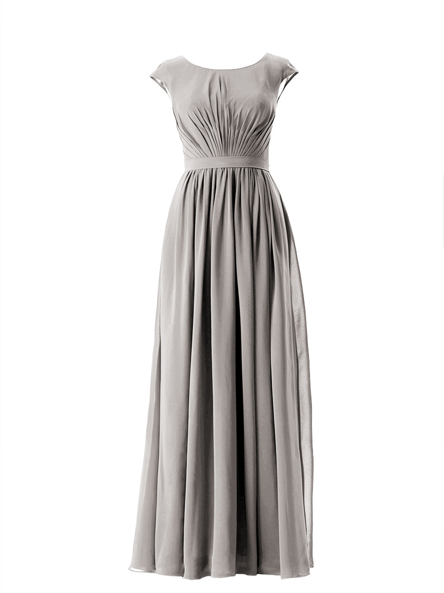 Chiffon Column Scoop Neck Cap Sleeves Bridesmaid Dress-MB13652