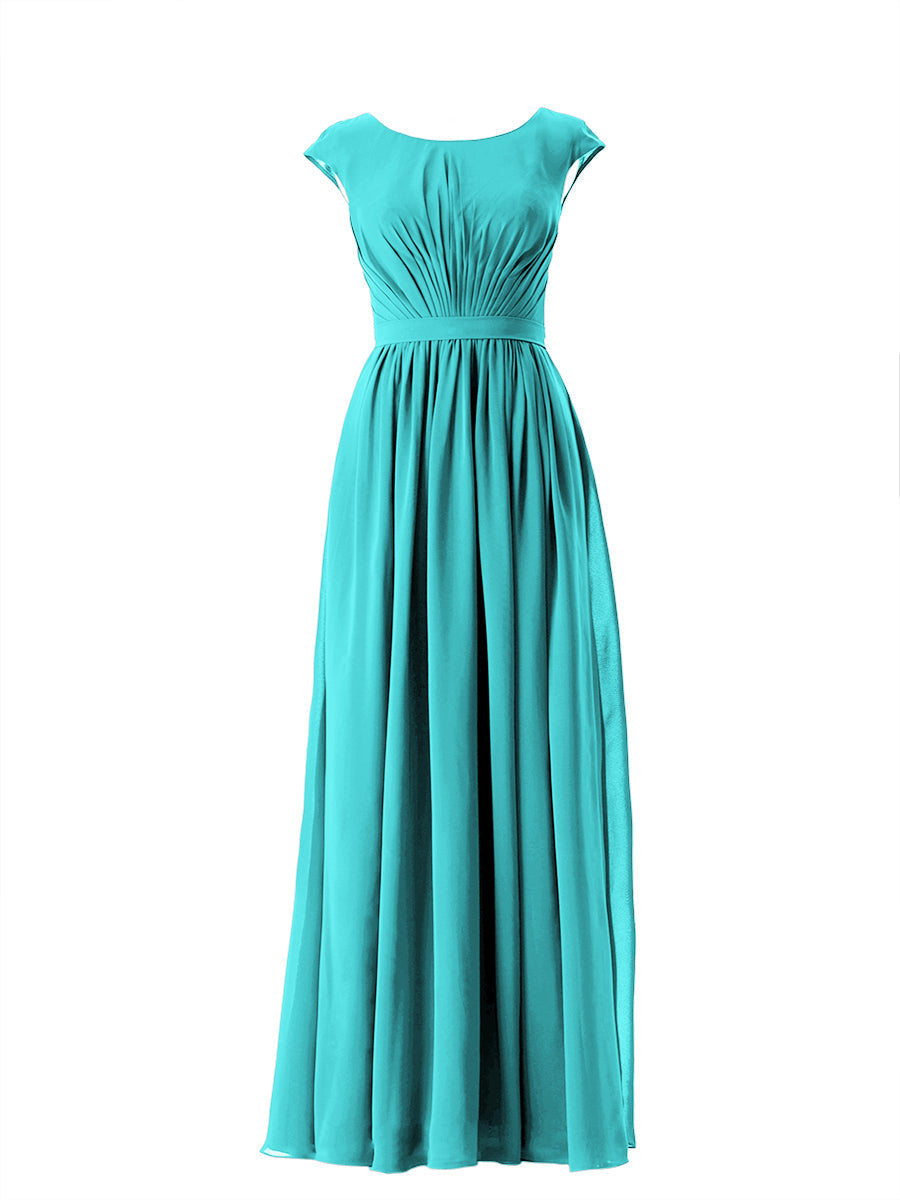 Chiffon Column Scoop Neck Cap Sleeves Bridesmaid Dress-MB13652