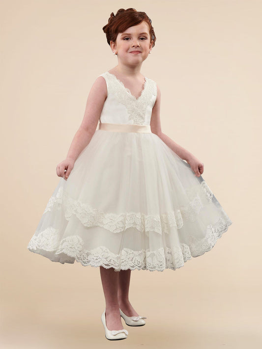 Lace V-Neck Sleeveless Flower Girl Dress