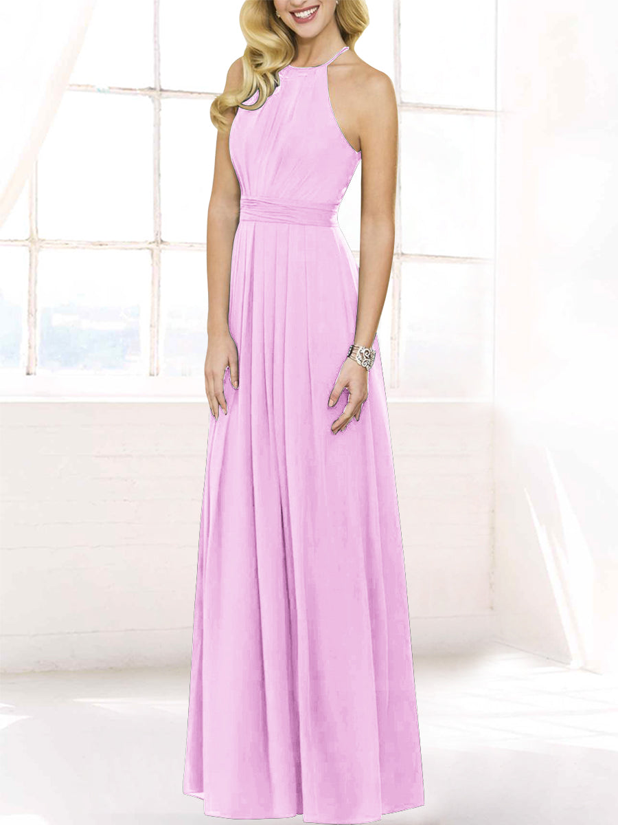 Chiffon Column Halter Sleeveless Bridesmaid Dress-MB50120