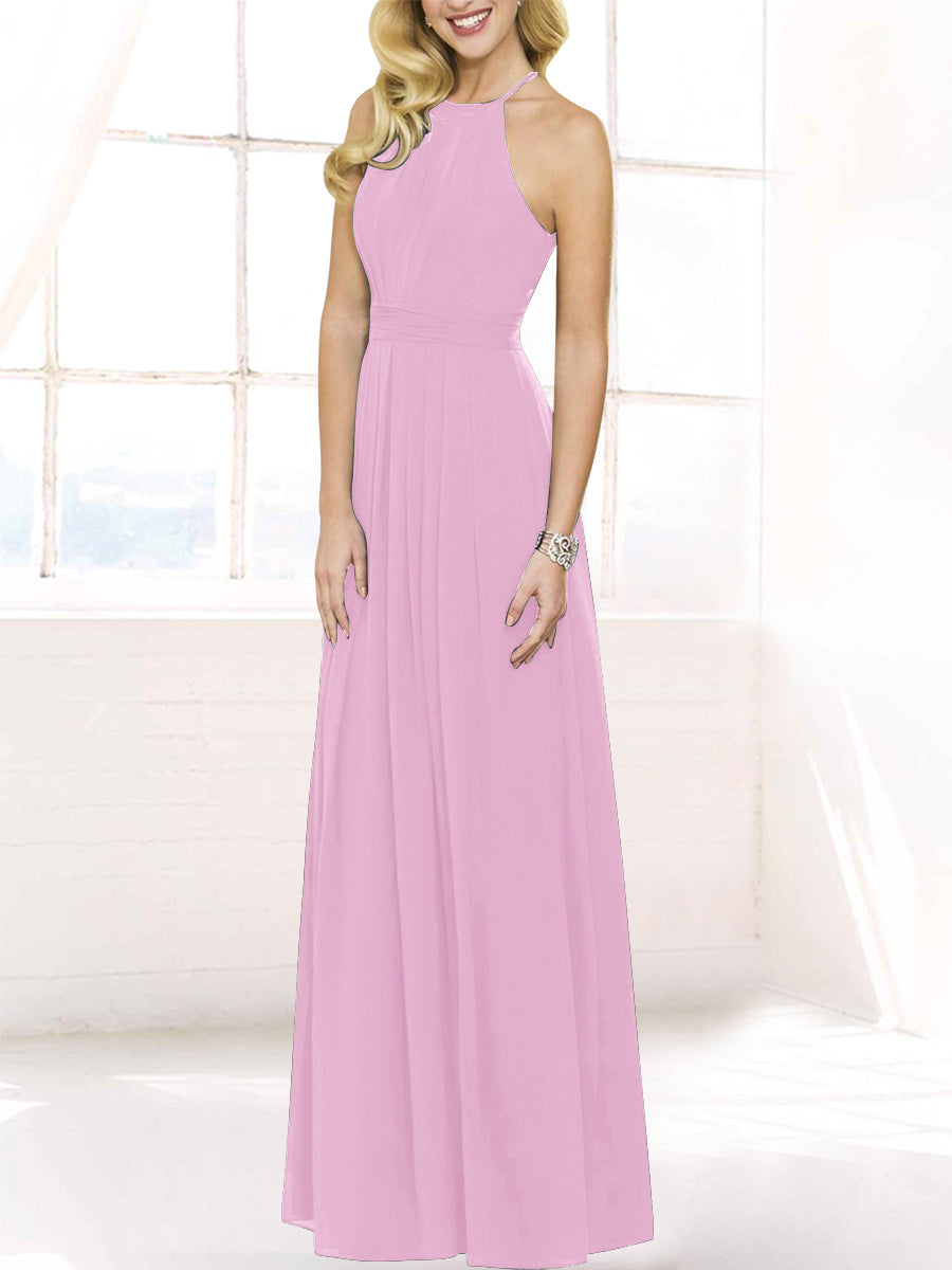 Chiffon Column Halter Sleeveless Bridesmaid Dress-MB50120