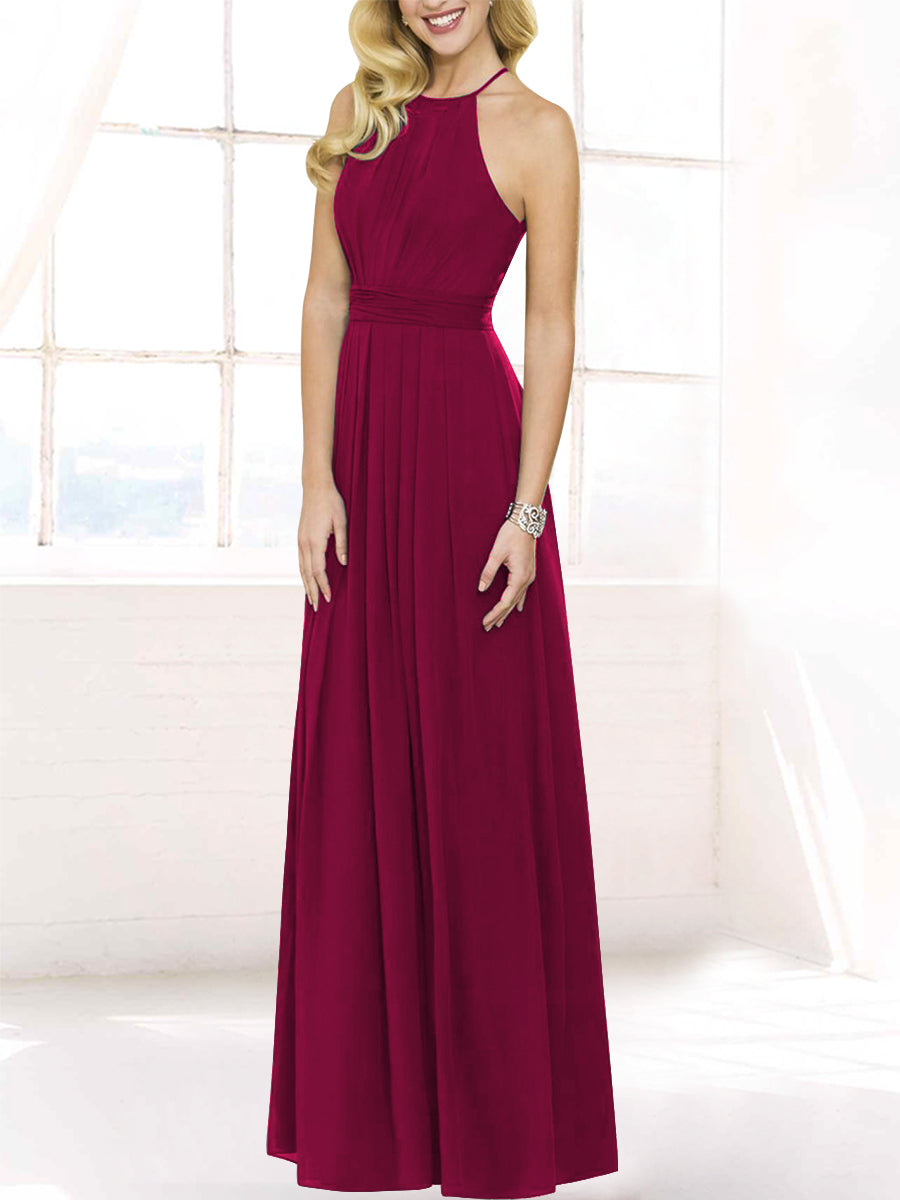 Chiffon Column Halter Sleeveless Bridesmaid Dress-MB50120