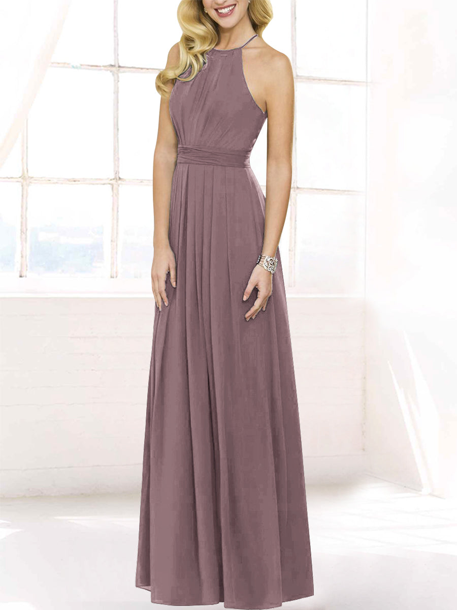 Chiffon Column Halter Sleeveless Bridesmaid Dress-MB50120