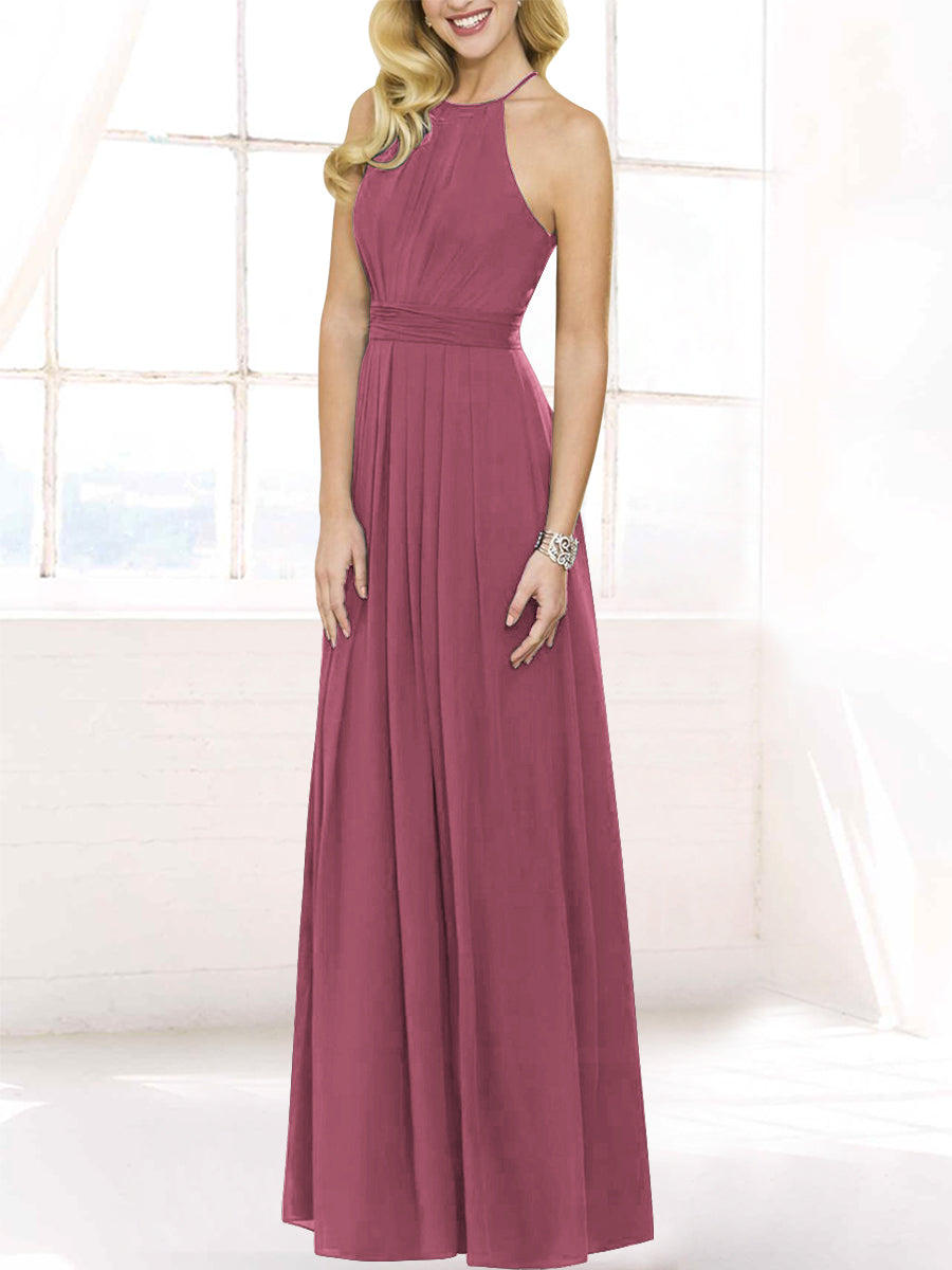 Chiffon Column Halter Sleeveless Bridesmaid Dress-MB50120