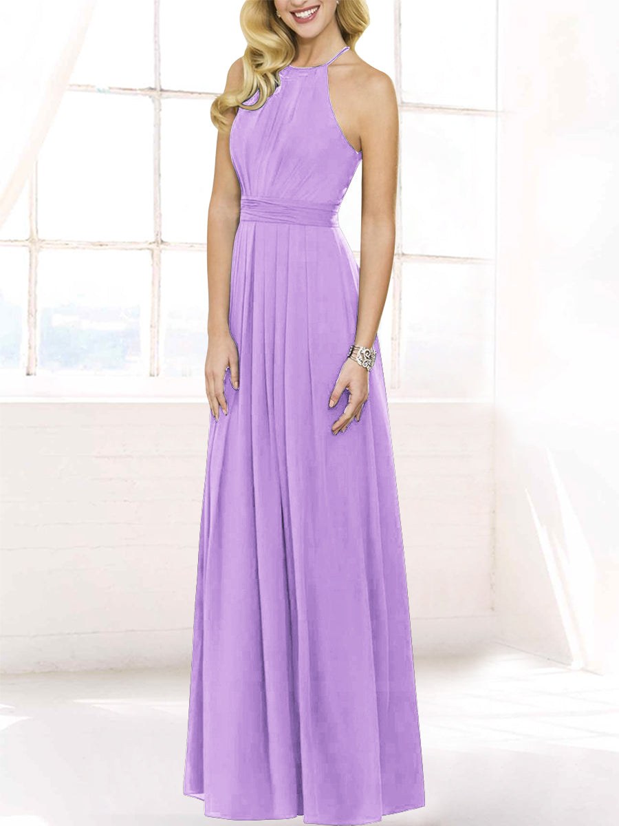 Chiffon Column Halter Sleeveless Bridesmaid Dress-MB50120