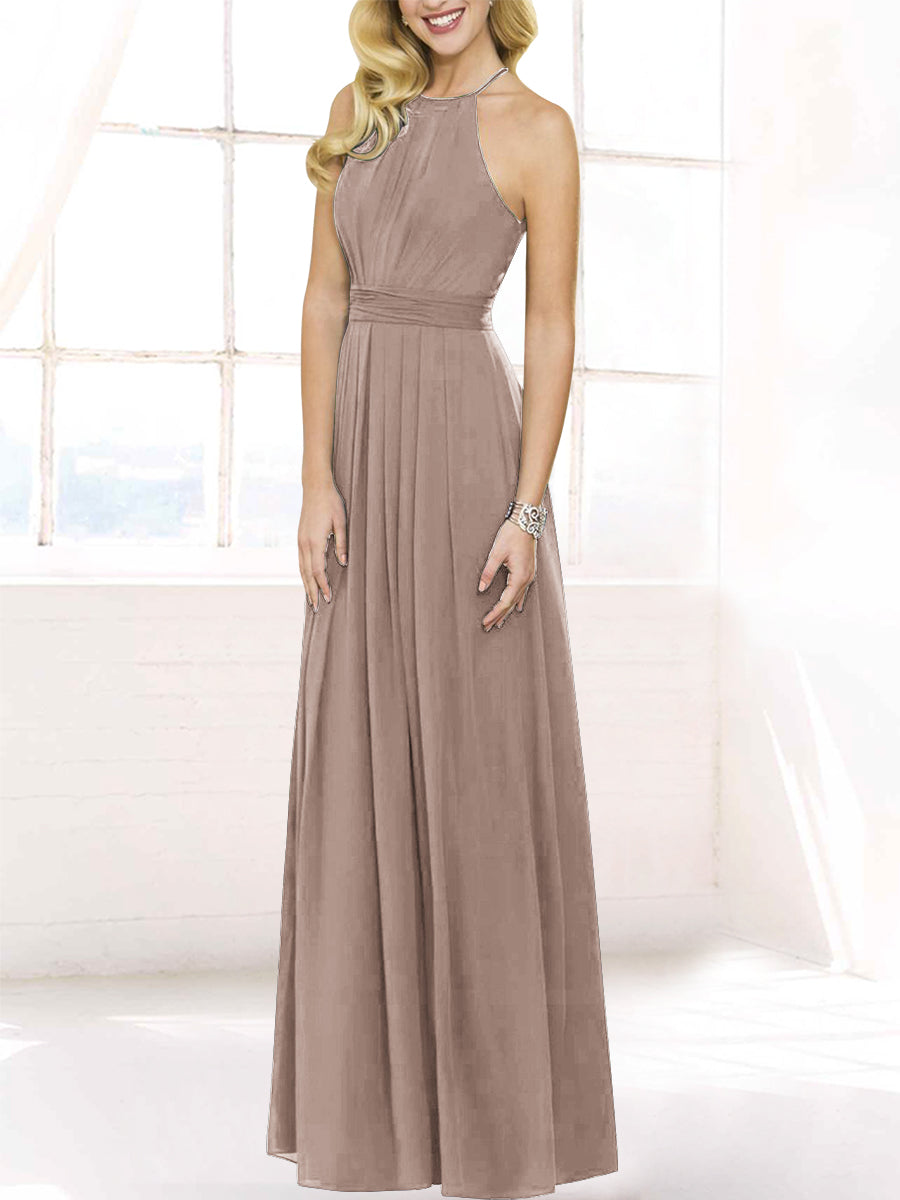 Chiffon Column Halter Sleeveless Bridesmaid Dress-MB50120