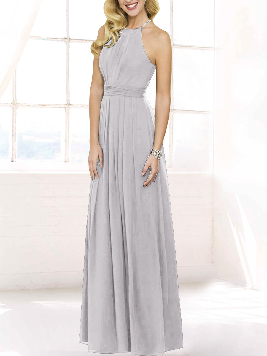 Chiffon Column Halter Sleeveless Bridesmaid Dress-MB50120