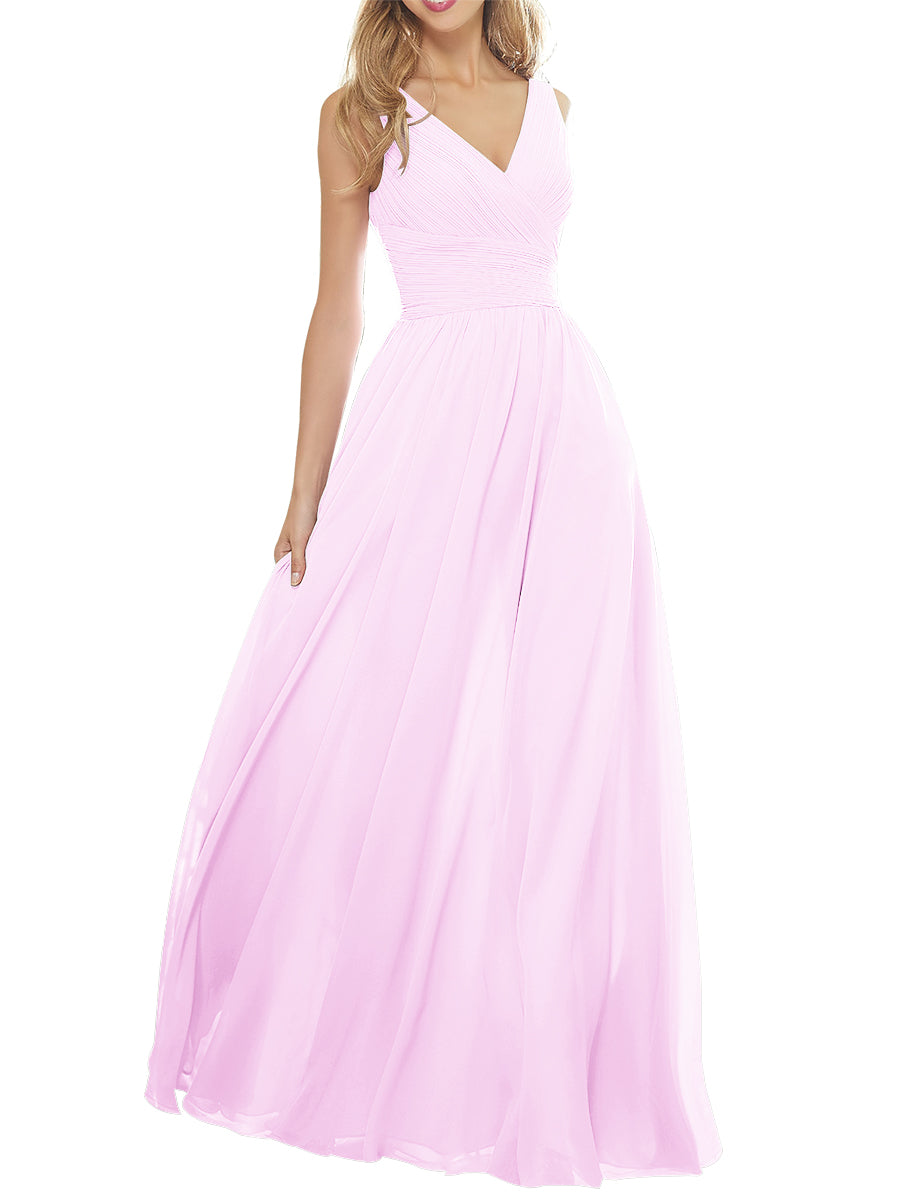 Chiffon Column V-Neck Sleeveless Bridesmaid Dress-MB53636