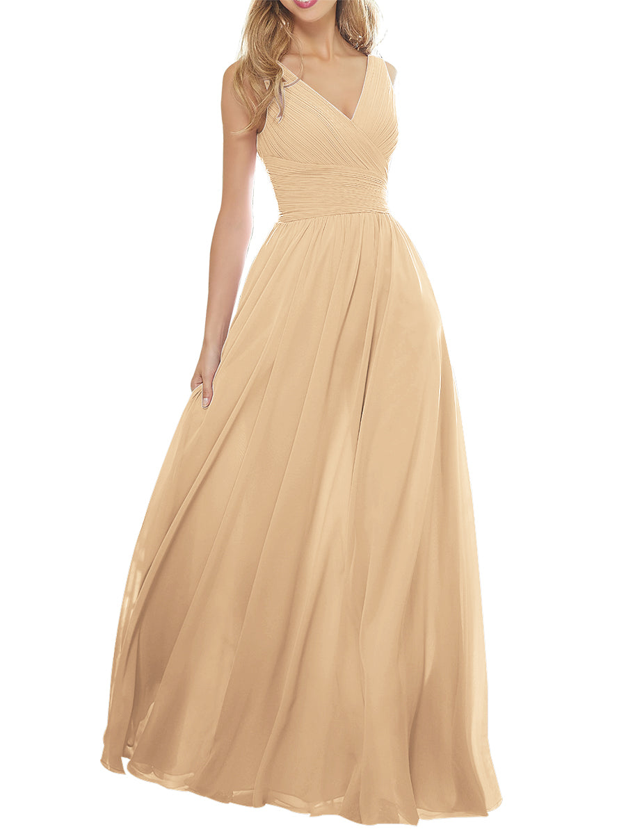 Chiffon Column V-Neck Sleeveless Bridesmaid Dress-MB53636