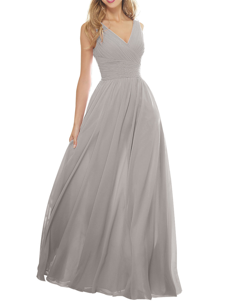 Chiffon Column V-Neck Sleeveless Bridesmaid Dress-MB53636