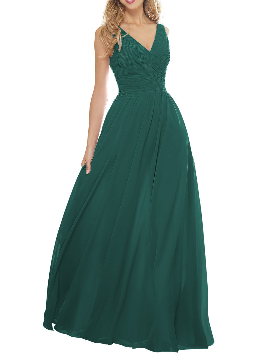 Chiffon Column V-Neck Sleeveless Bridesmaid Dress-MB53636