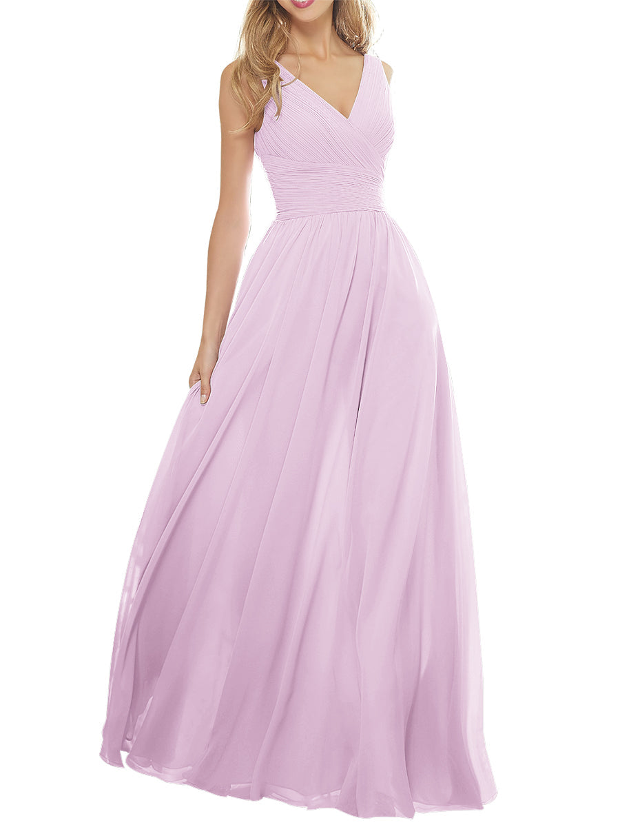 Chiffon Column V-Neck Sleeveless Bridesmaid Dress-MB53636