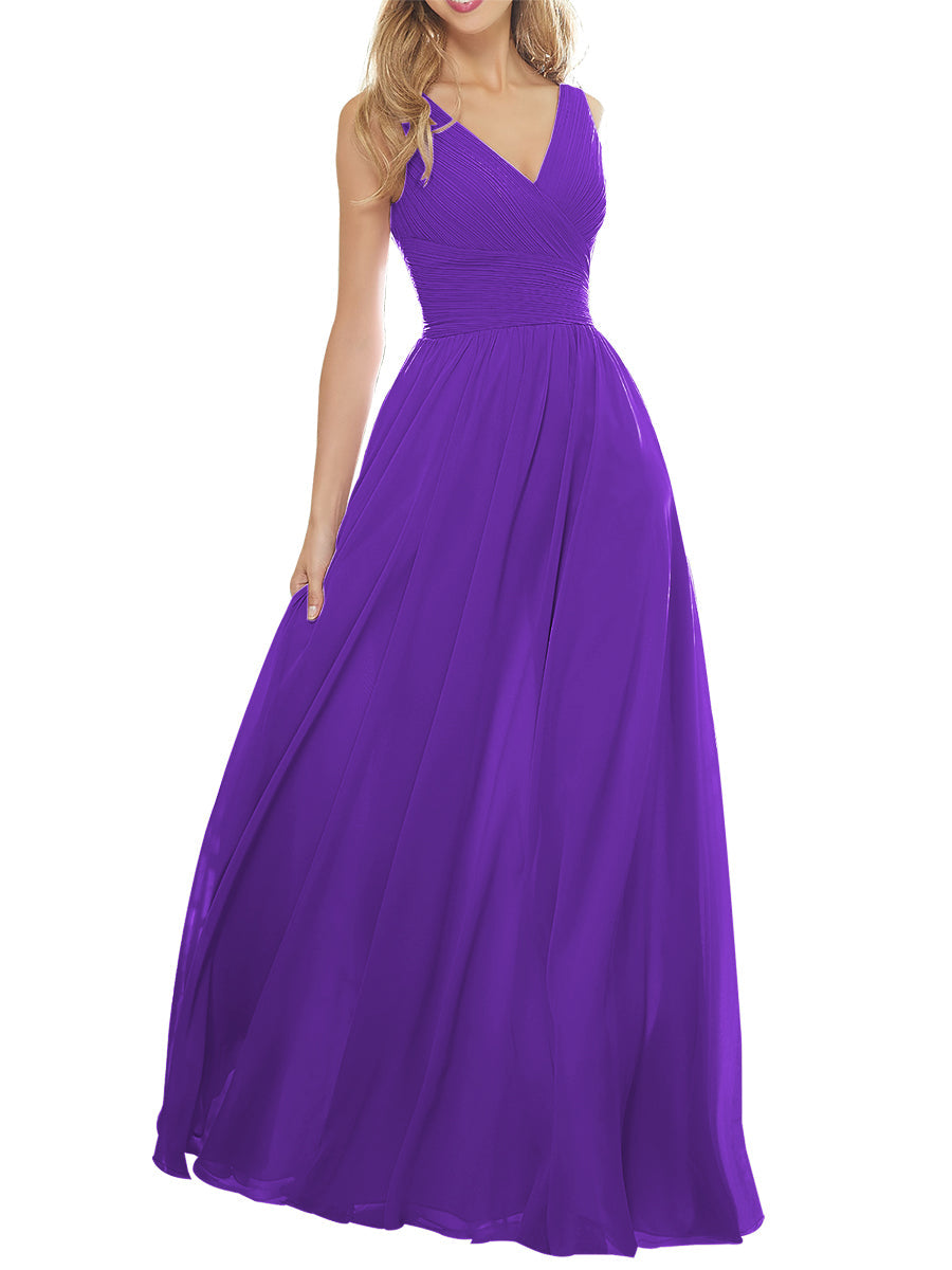 Chiffon Column V-Neck Sleeveless Bridesmaid Dress-MB53636