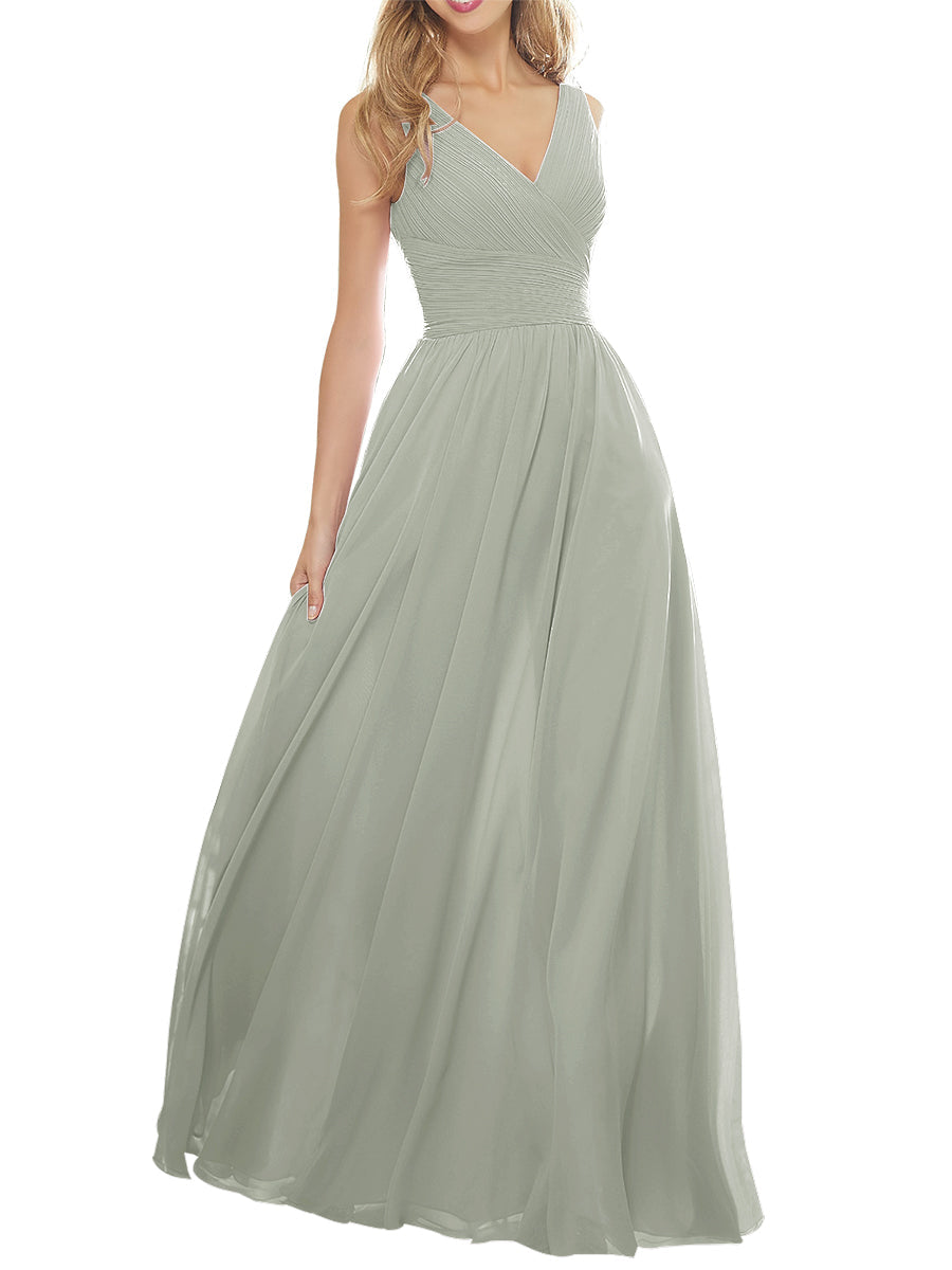 Chiffon Column V-Neck Sleeveless Bridesmaid Dress-MB53636