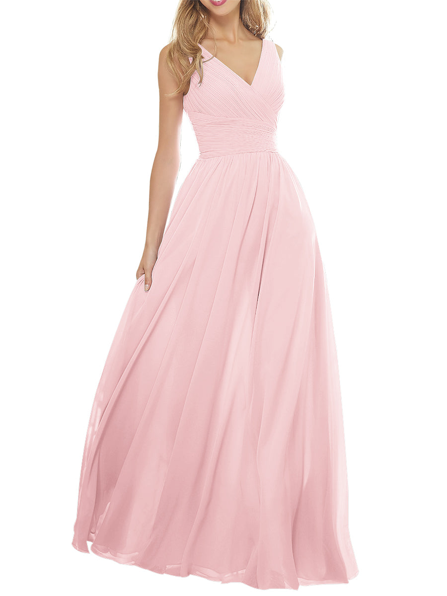 Chiffon Column V-Neck Sleeveless Bridesmaid Dress-MB53636