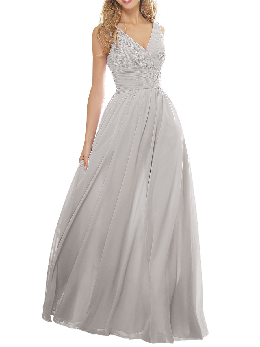 Chiffon Column V-Neck Sleeveless Bridesmaid Dress-MB53636