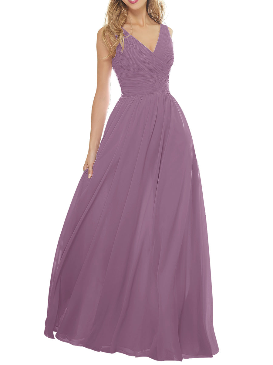 Chiffon Column V-Neck Sleeveless Bridesmaid Dress-MB53636