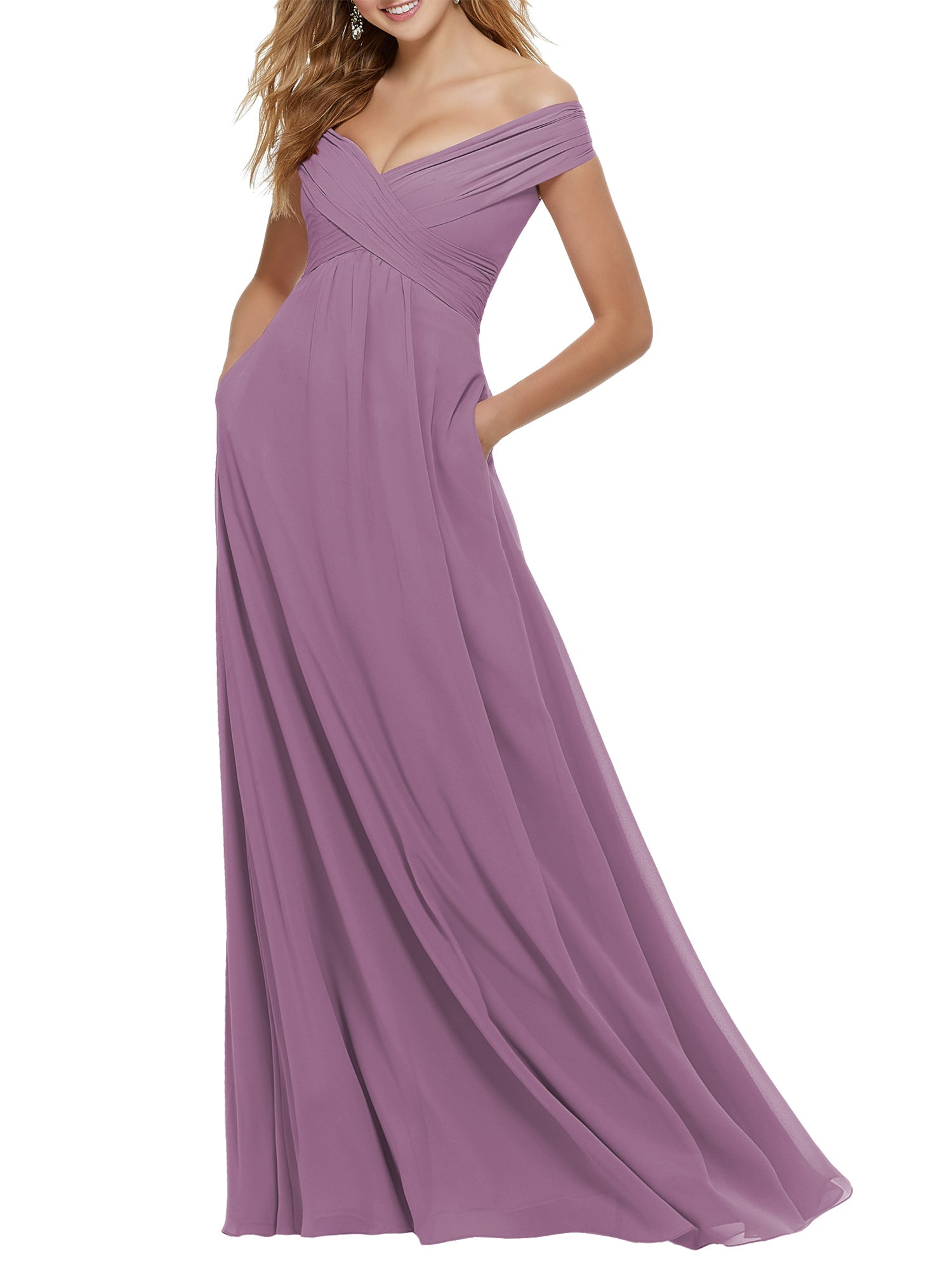 Chiffon Off the Shoulder Cap Sleeves Bridesmaid Dress| Plus Size | 60+ Colors