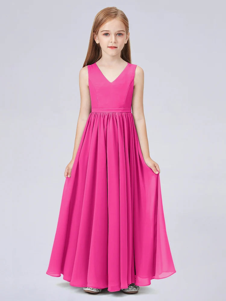 Chiffon A-Line V-Neck Sleeveless Junior Dress-MJ00016