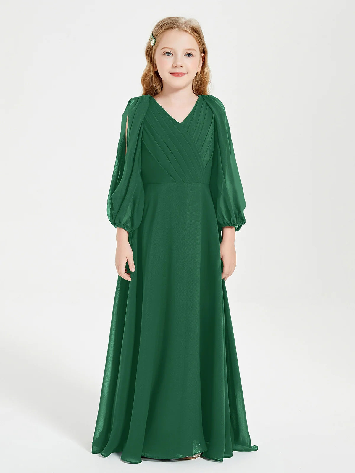 Chiffon A-Line V-Neck Long Sleeves Junior Dress-MJ00018