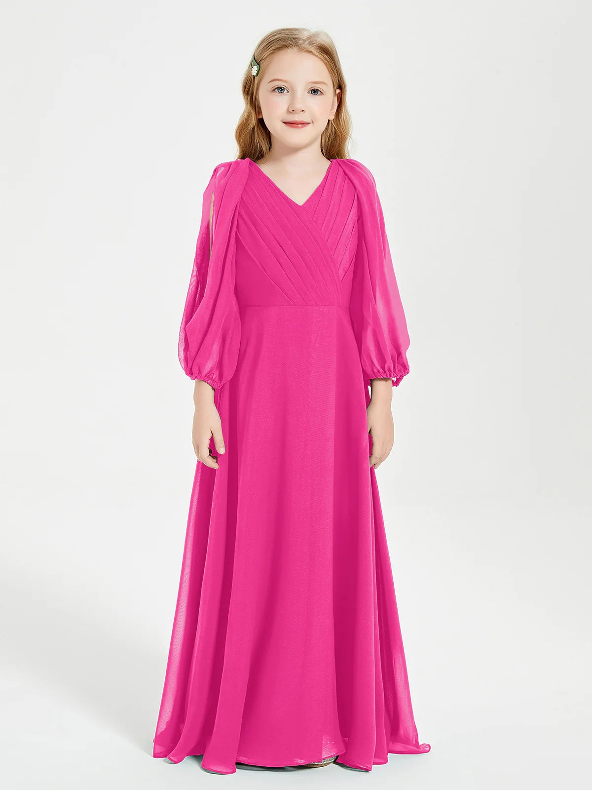 Chiffon A-Line V-Neck Long Sleeves Junior Dress-MJ00018