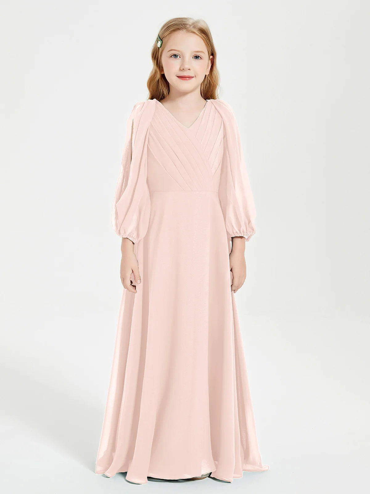 Chiffon A-Line V-Neck Long Sleeves Junior Dress-MJ00018