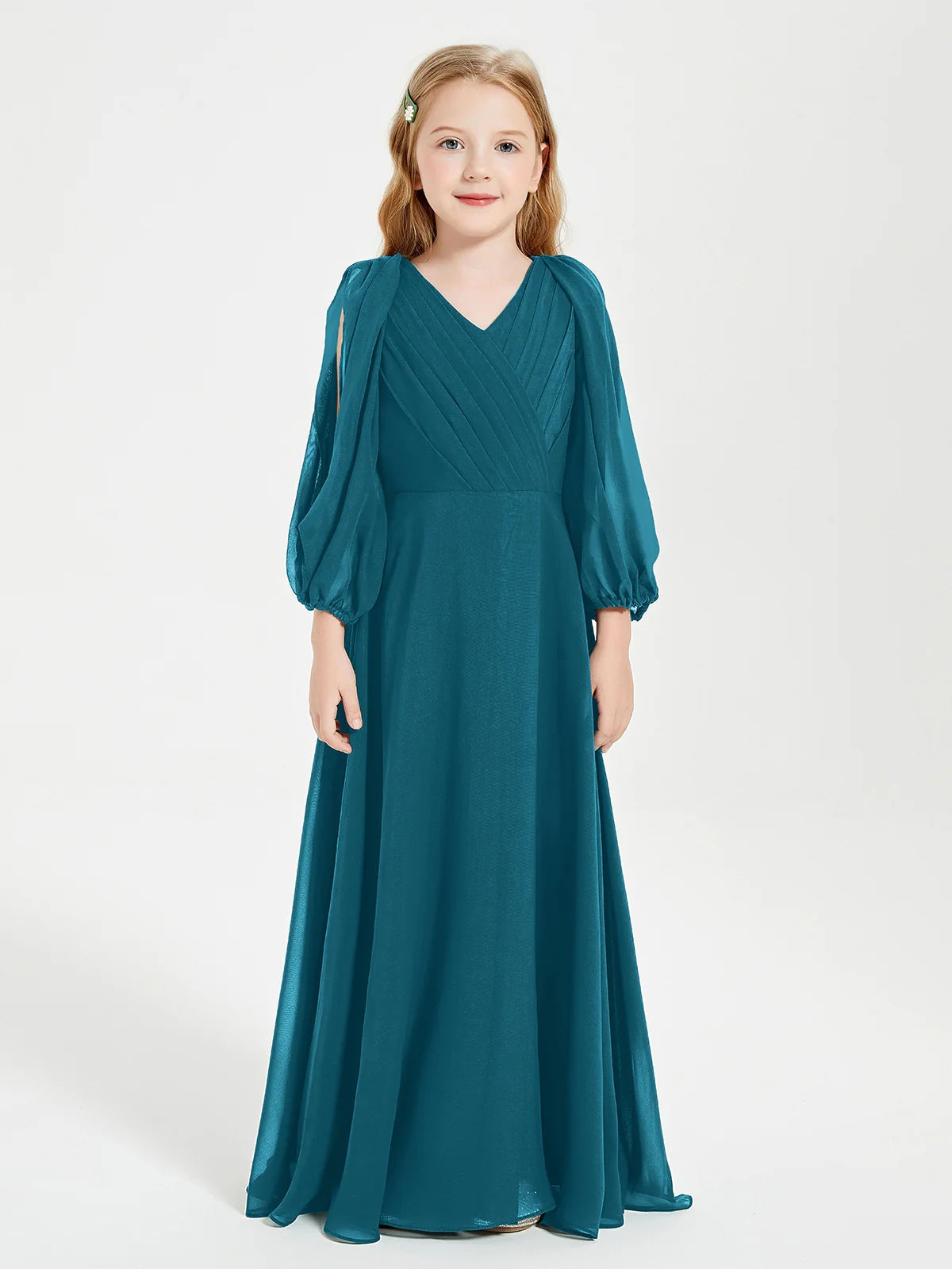 Chiffon A-Line V-Neck Long Sleeves Junior Dress-MJ00018