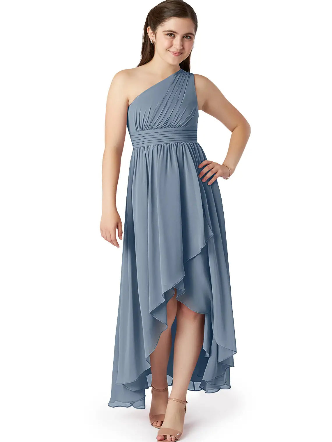 Chiffon A-Line One Shoulder Sleeveless Junior Dress-MJ00025
