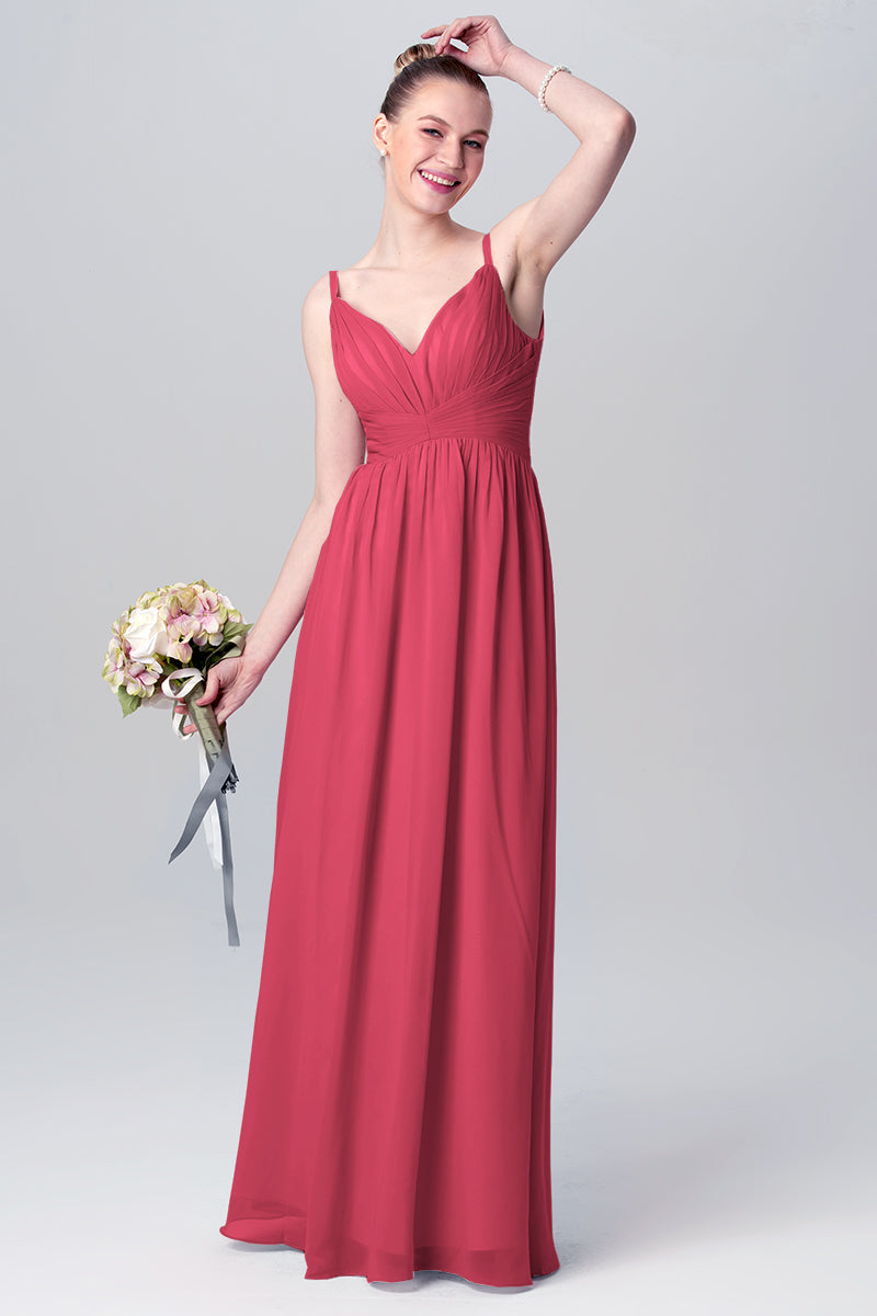 Chiffon Column Spaghetti Straps Sleeveless Bridesmaid Dress-MB0113117