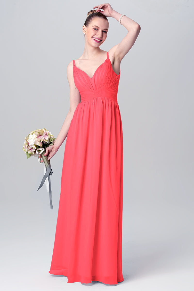 Chiffon Column Spaghetti Straps Sleeveless Bridesmaid Dress-MB0113117