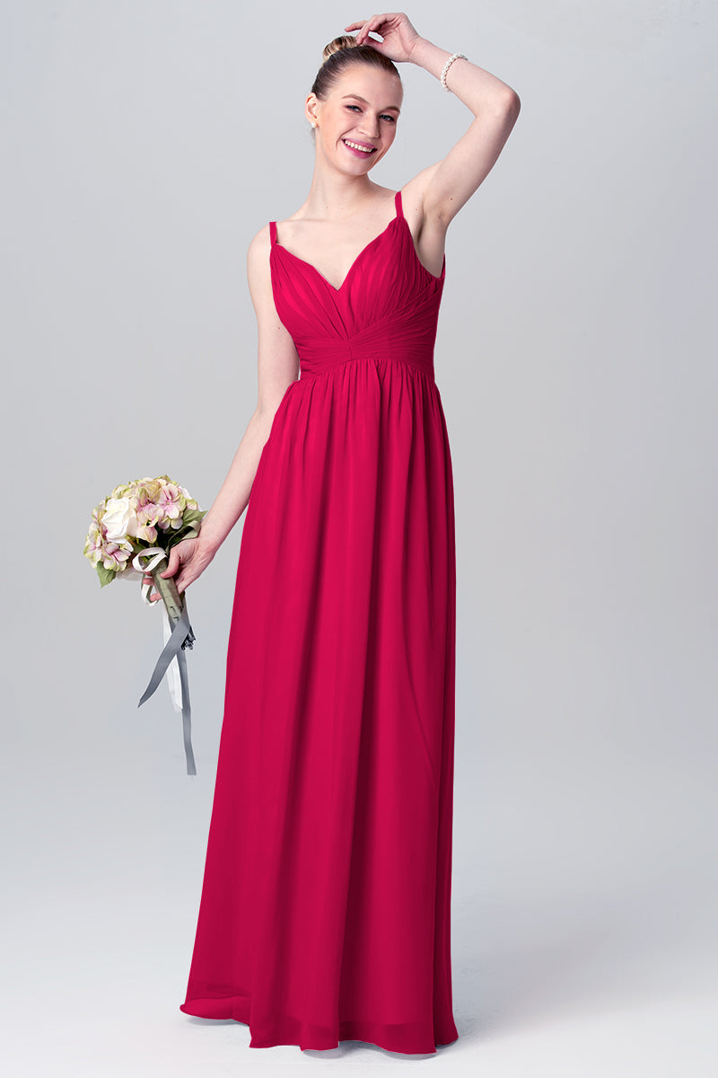 Chiffon Column Spaghetti Straps Sleeveless Bridesmaid Dress-MB0113117