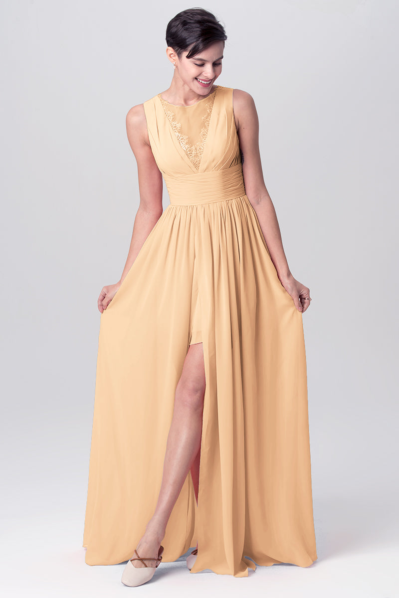 Chiffon Column V-Neck Short Sleeves Bridesmaid Dress-MB0113120