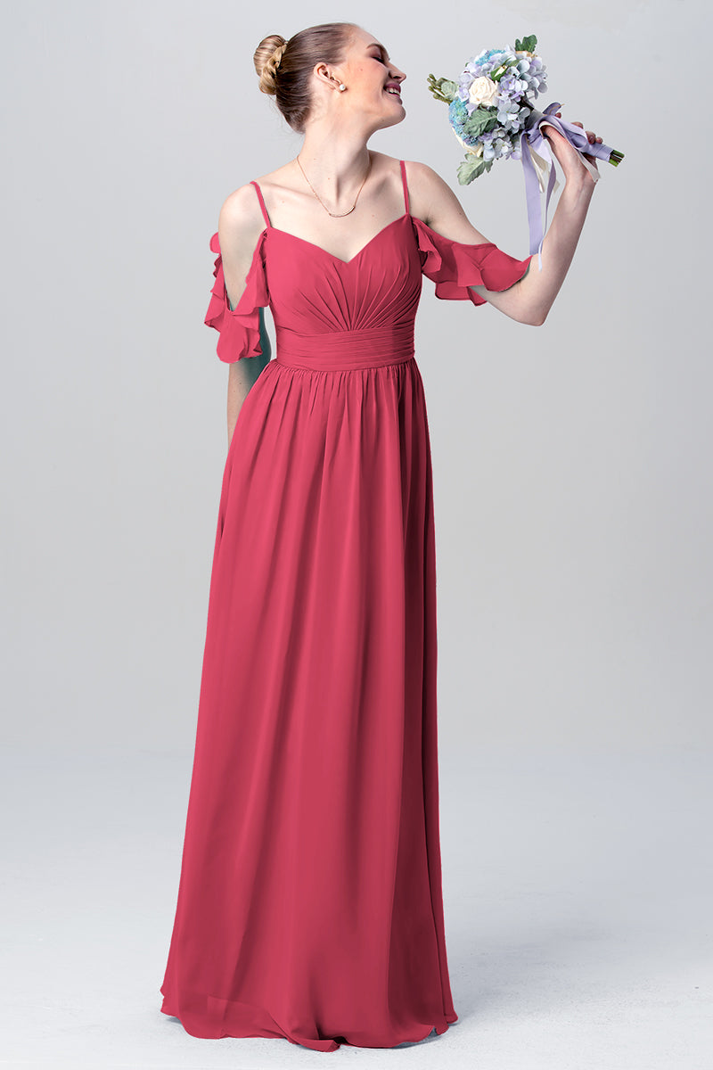 Chiffon Column Spaghetti Straps Sleeveless Bridesmaid Dress-MB0113132