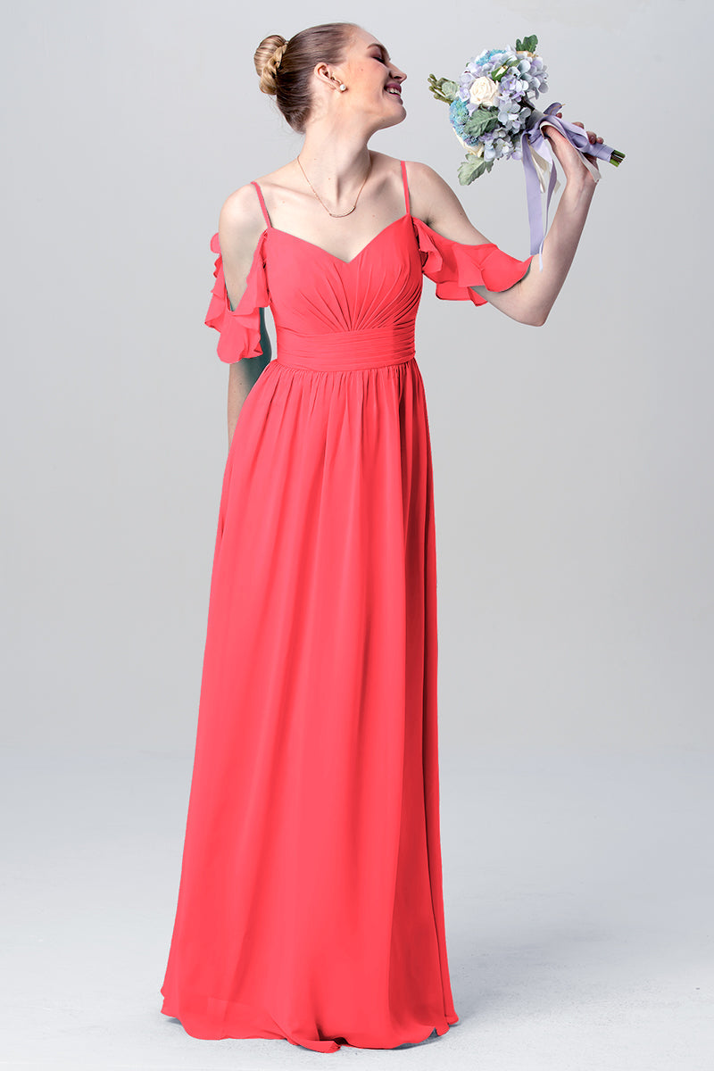 Chiffon Column Spaghetti Straps Sleeveless Bridesmaid Dress-MB0113132