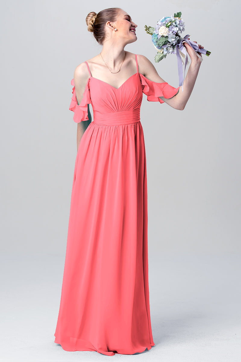 Chiffon Column Spaghetti Straps Sleeveless Bridesmaid Dress-MB0113132