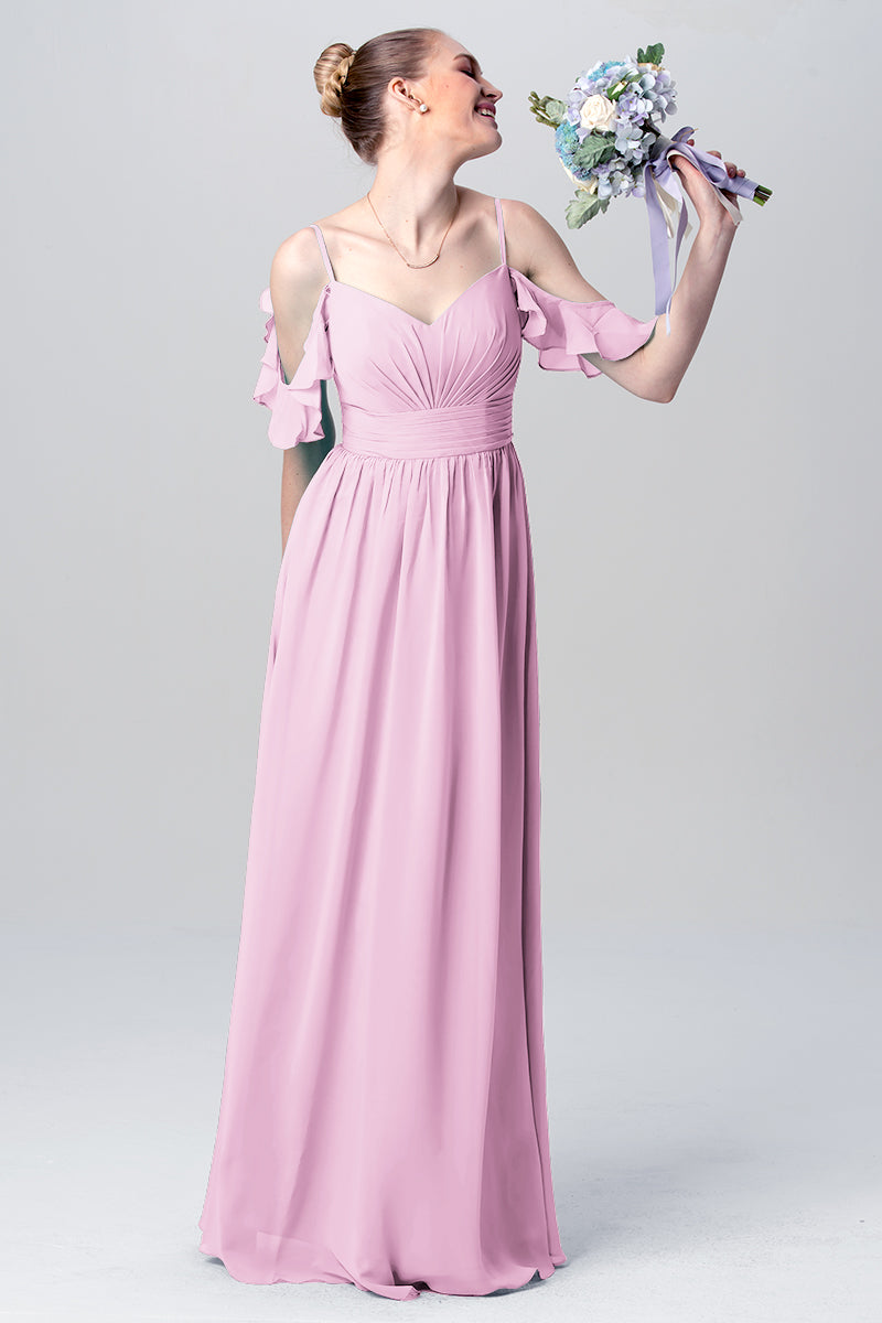 Chiffon Column Spaghetti Straps Sleeveless Bridesmaid Dress-MB0113132