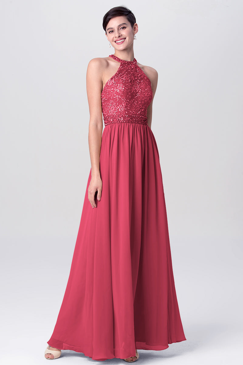 Lace Column Jewel Neck Sleeveless Bridesmaid Dress-MB0113135