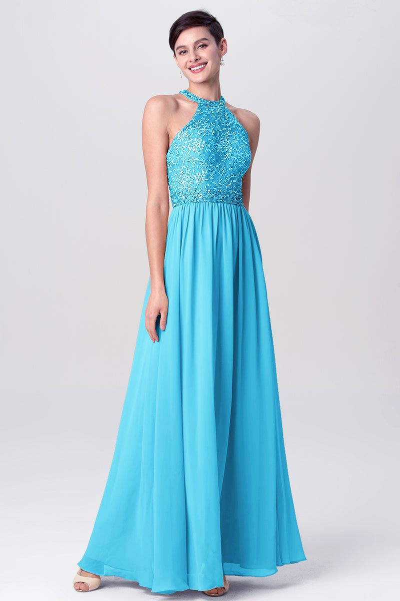 Lace Column Jewel Neck Sleeveless Bridesmaid Dress-MB0113135
