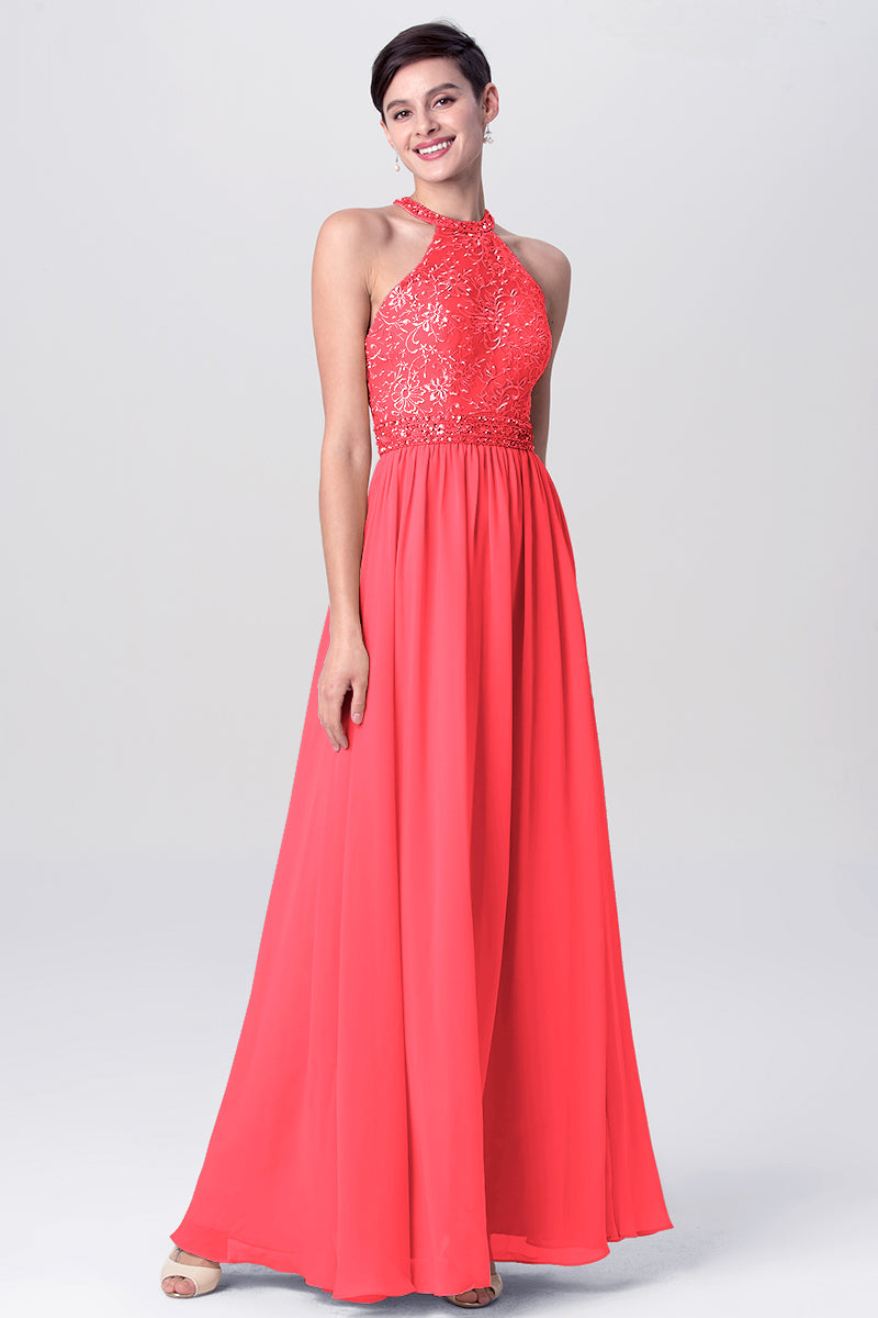 Lace Column Jewel Neck Sleeveless Bridesmaid Dress-MB0113135