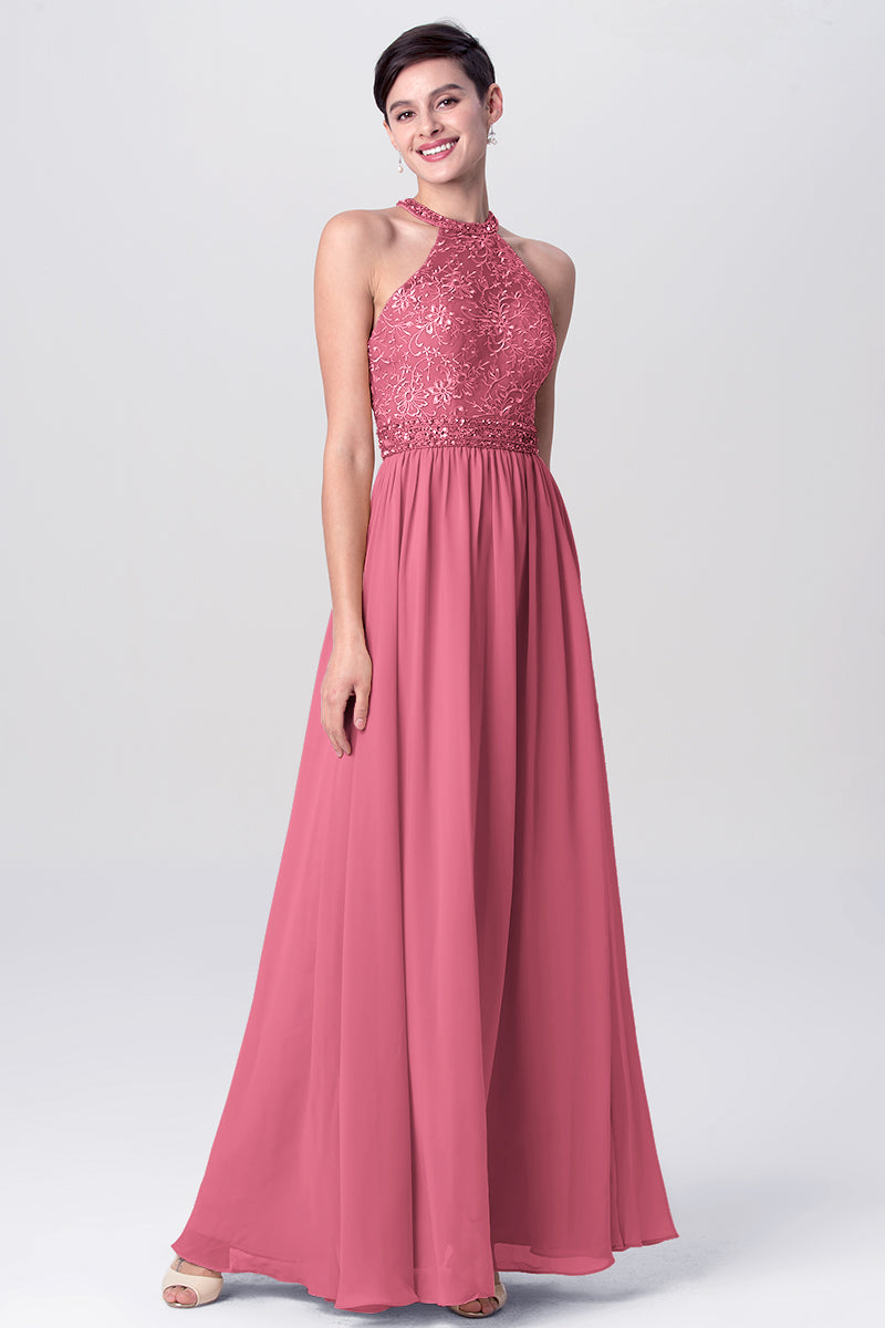 Lace Column Jewel Neck Sleeveless Bridesmaid Dress-MB0113135