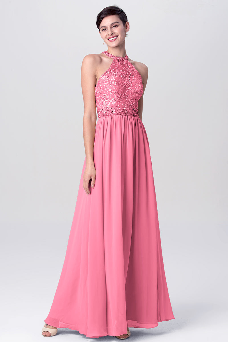 Lace Column Jewel Neck Sleeveless Bridesmaid Dress-MB0113135