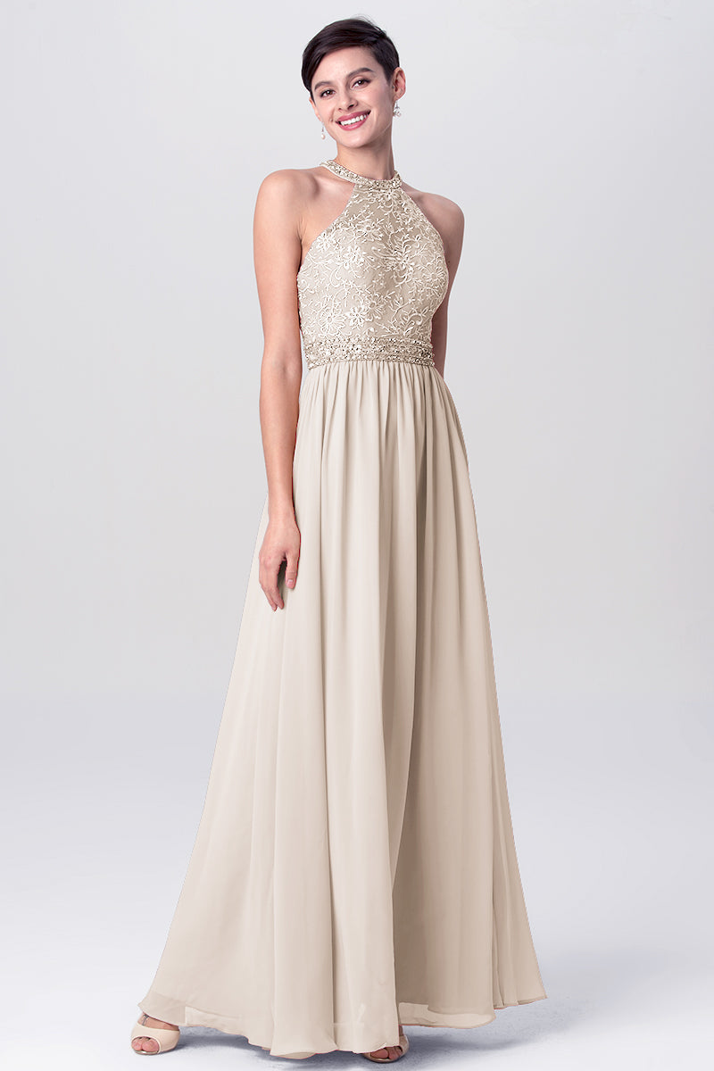 Lace Column Jewel Neck Sleeveless Bridesmaid Dress-MB0113135