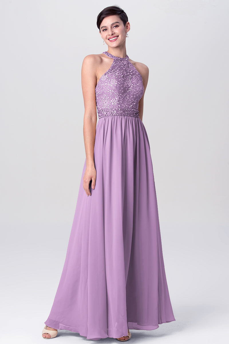Lace Column Jewel Neck Sleeveless Bridesmaid Dress-MB0113135