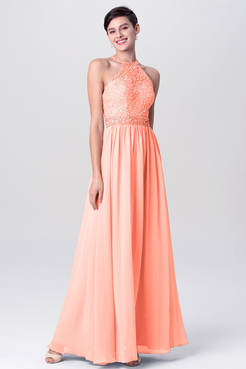 Lace Column Jewel Neck Sleeveless Bridesmaid Dress-MB0113135