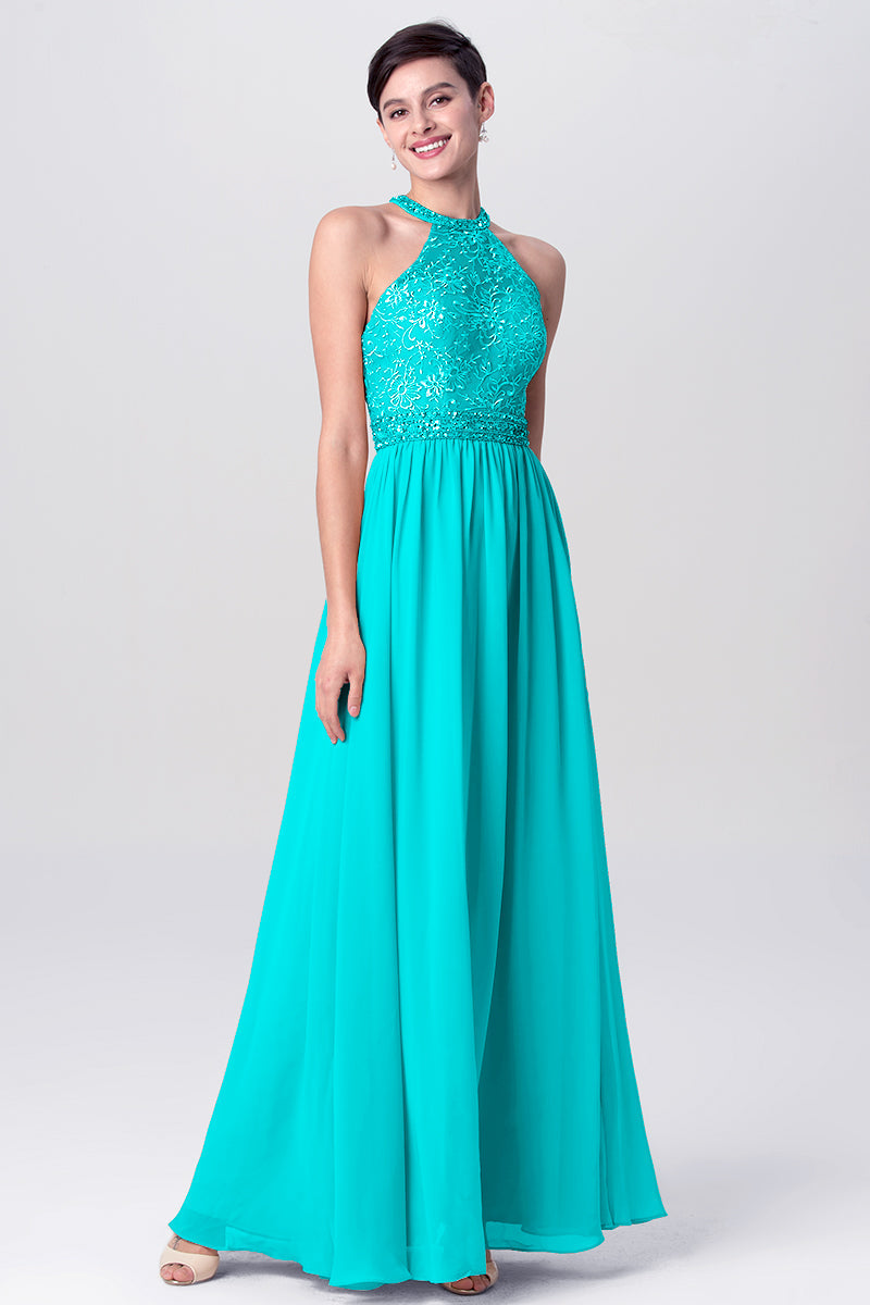 Lace Column Jewel Neck Sleeveless Bridesmaid Dress-MB0113135