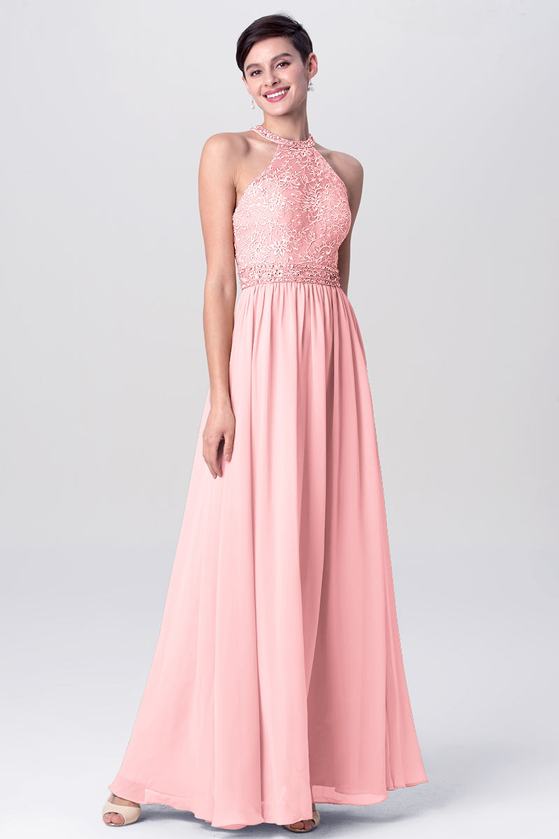 Lace Column Jewel Neck Sleeveless Bridesmaid Dress-MB0113135