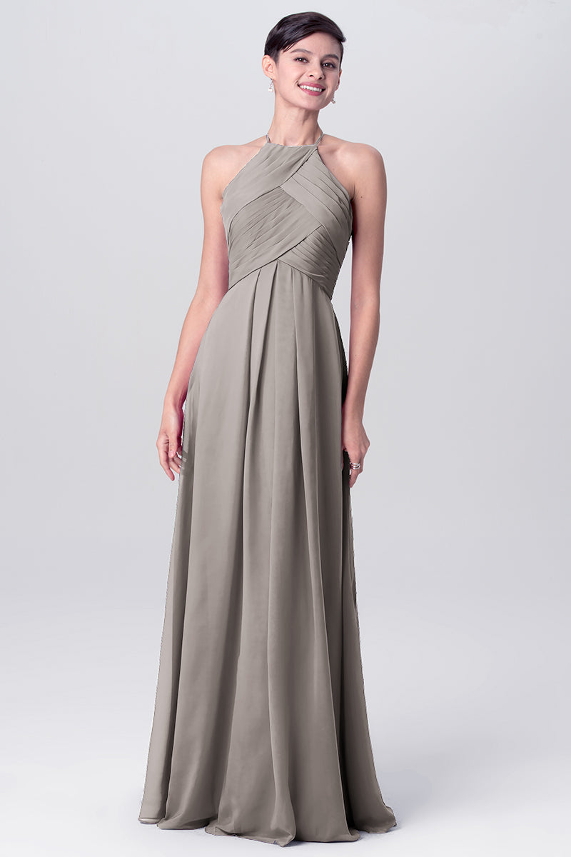 Chiffon Column Halter Sleeveless Bridesmaid Dress-MB0113138