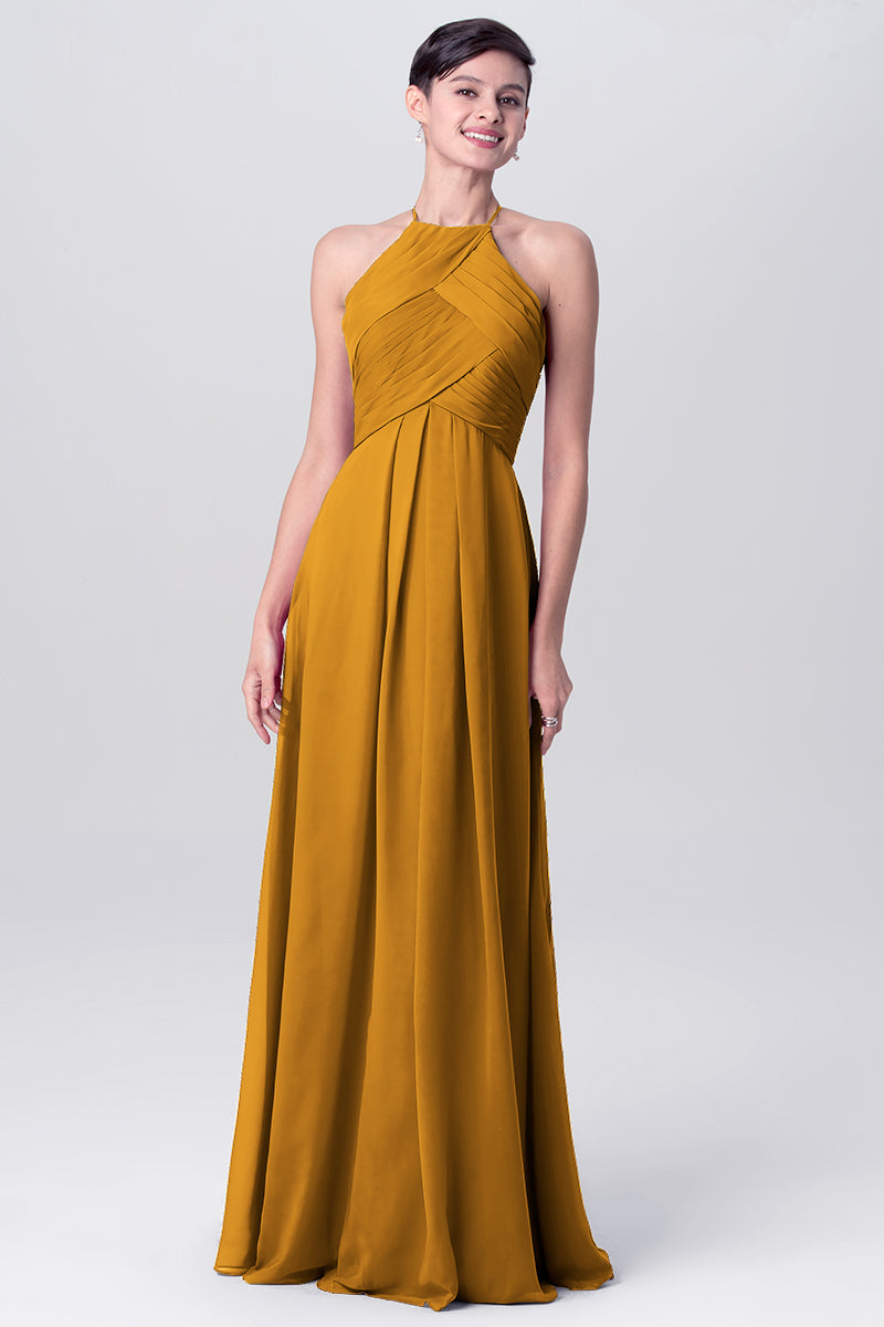 Chiffon Column Halter Sleeveless Bridesmaid Dress-MB0113138