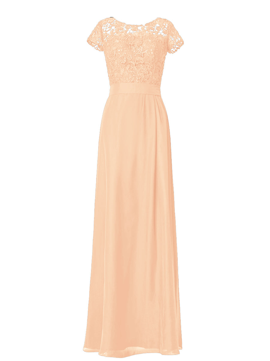 Lace Column Boat Neck Short Sleeves Bridesmaid Dress-MB03007