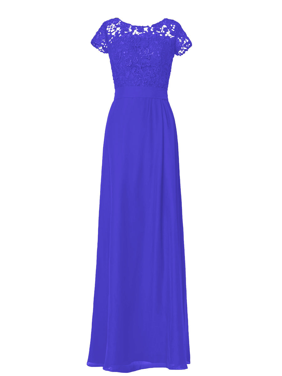 Lace Column Boat Neck Short Sleeves Bridesmaid Dress-MB03007